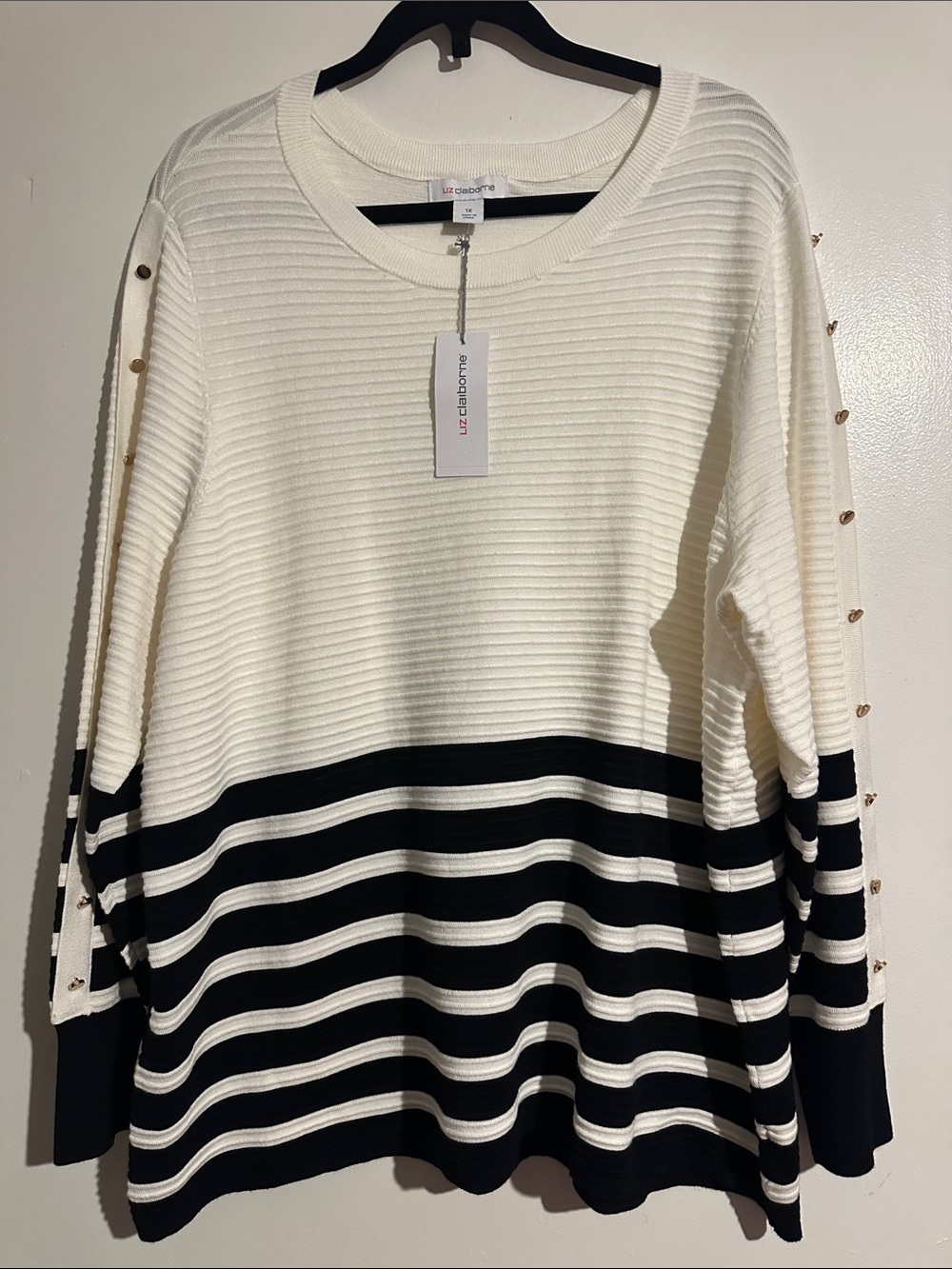 Liz Claiborne Ivory & Black Striped Crewneck Sweater with Sleeve Buttons